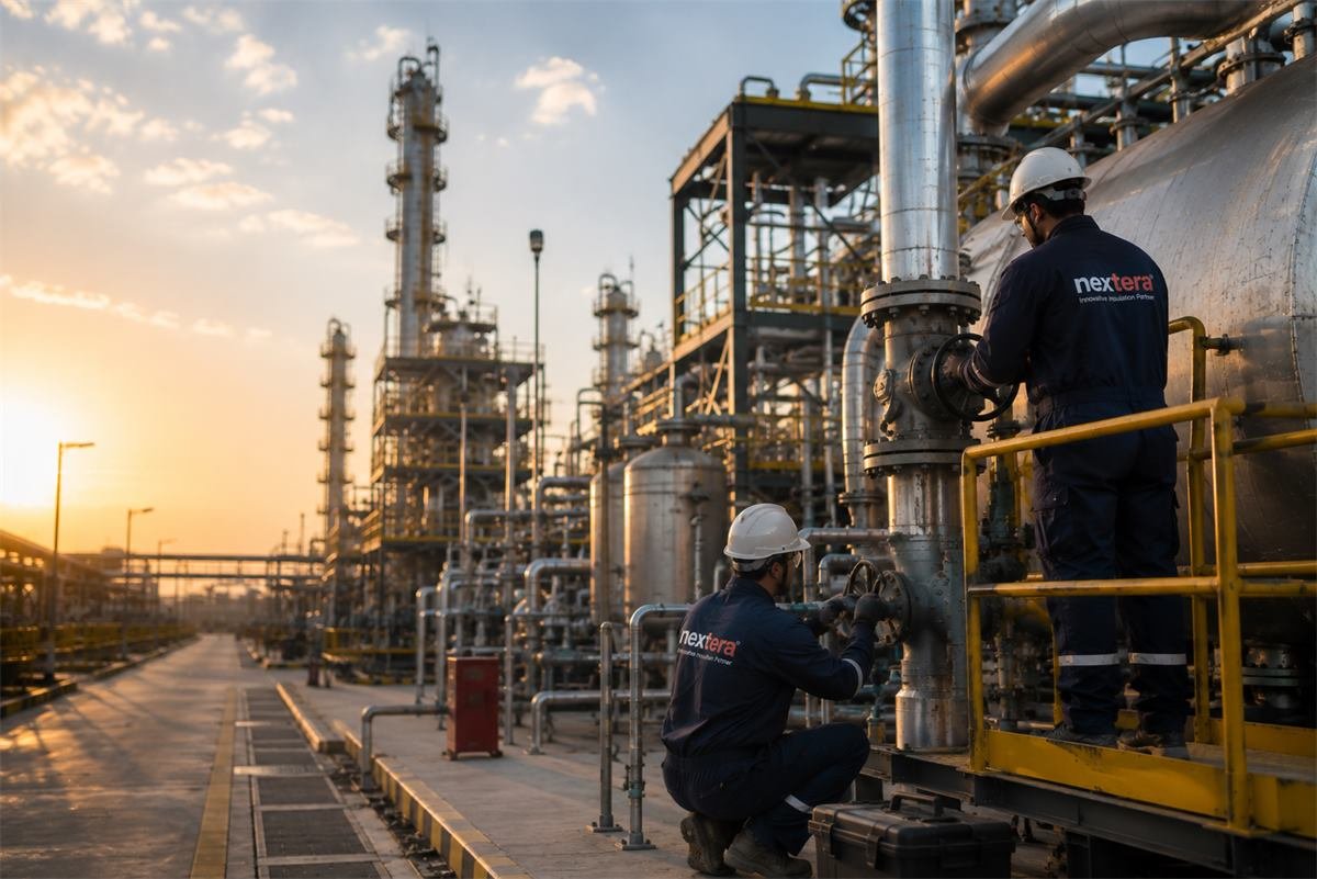 Nextera Insulations engineer at a refinery in the UAE at sunset