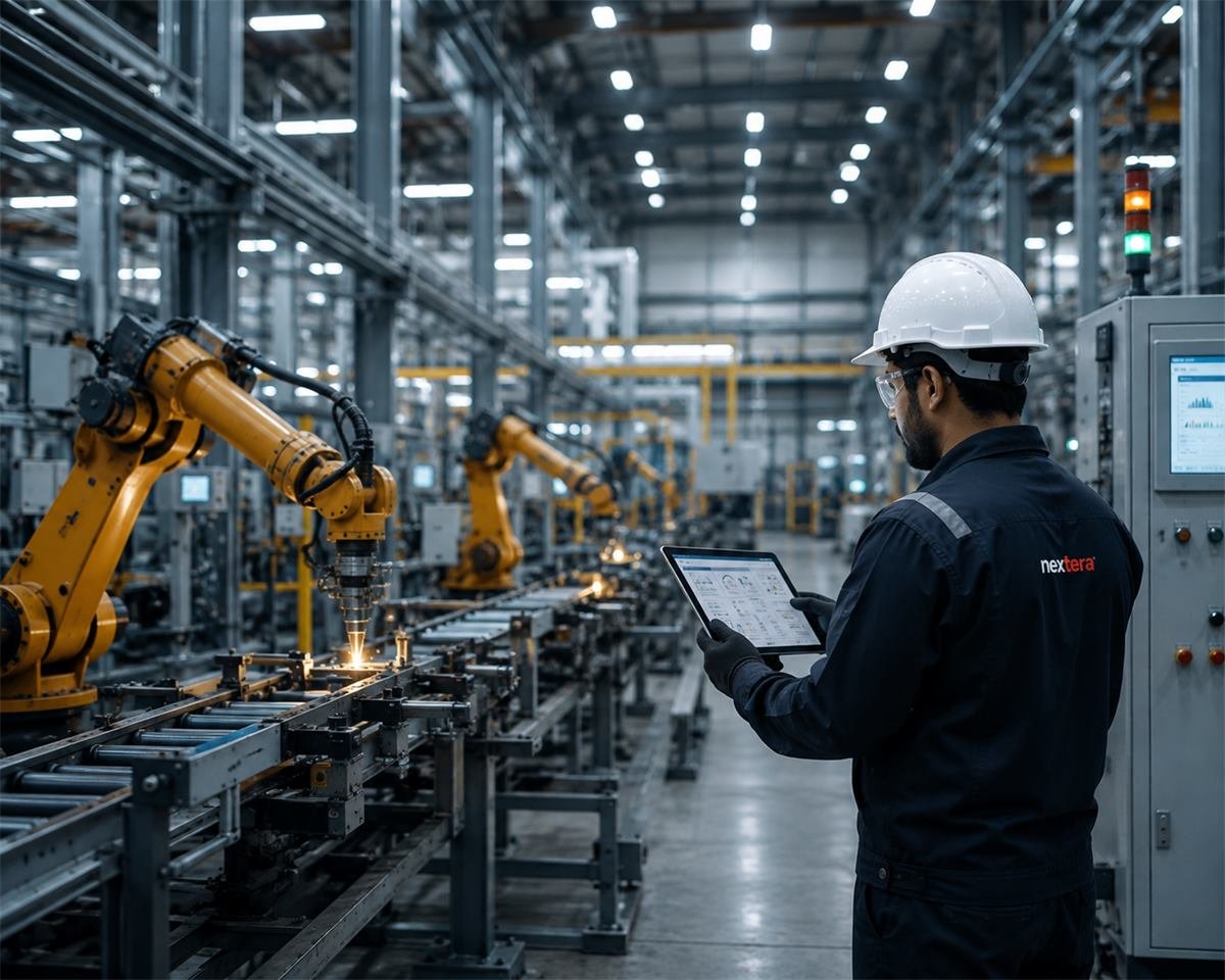Nextera engineer reviewing technical data on a tablet inside a manufacturing plant