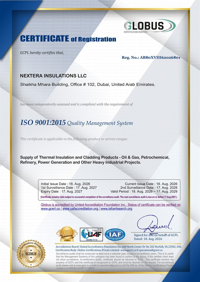 ISO 9001:2015 certificate of registration issued to Nextera Insulations LLC by Globus Certifications