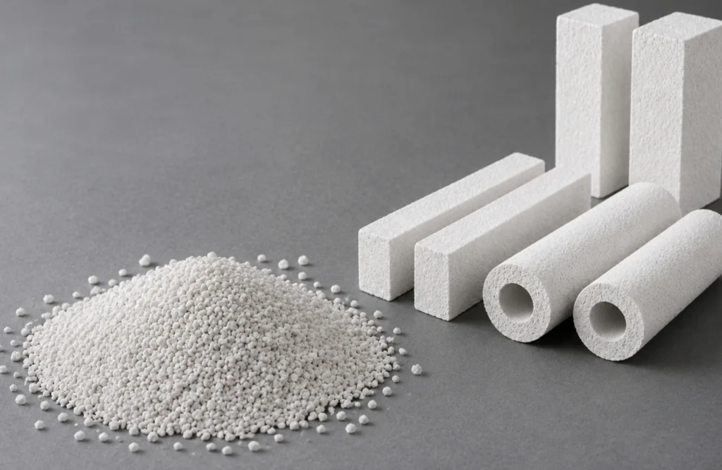 Perlite insulation materials for oil and gas industry applications including insulation blocks, pipe sections, and granules.