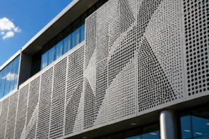 Modern aluminium perforated façade system on a commercial building with custom architectural perforation patterns.